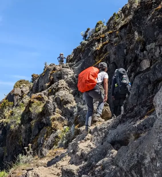 Hikers with backpacks ascending a rocky mountain trail on Mount Kilimanjaro, Tanzania.
